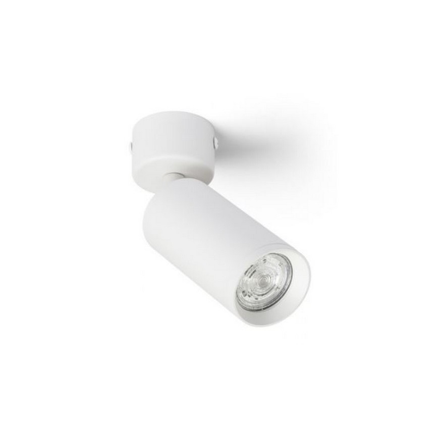 Biela bodová lampa svieti. Je pripevnená k stropu. Lampa má valcovitý tvar.