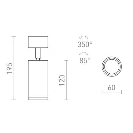 Svietidlo s hranatým telom a štvorcovou hlavou je zobrazené s rozmermi 195 x 120 mm. Otáča sa o 350° a nakláňa o 85°. Priemer reflektora je 60 mm.
