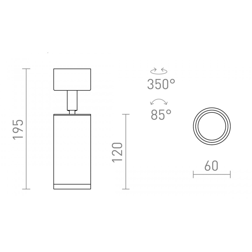 Svietidlo s hranatým telom a štvorcovou hlavou je zobrazené s rozmermi 195 x 120 mm. Otáča sa o 350° a nakláňa o 85°. Priemer reflektora je 60 mm.