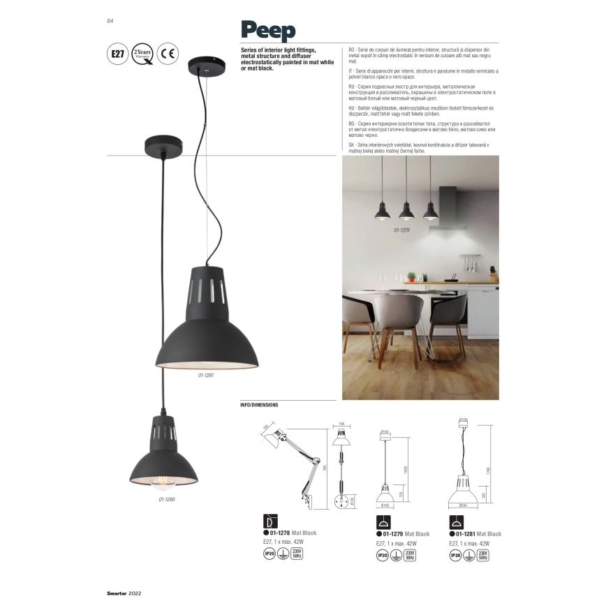 Redo 01-1281 - Luster na lanku PEEP 1xE27/42W/230V pr. 34,5 cm čierna