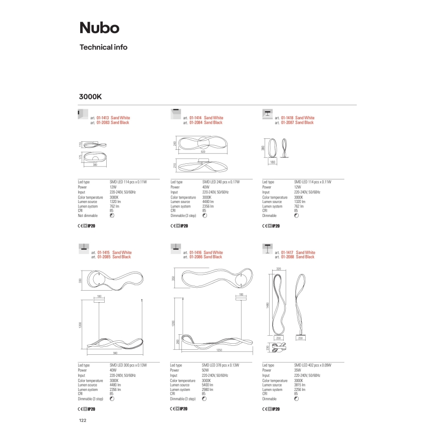 Technická informácia o svietidlách Nubo 3000K. Uvedené sú rozmery a technické parametre viacerých typov svietidiel, vrátane typu LED, príkonu, vstupného napätia, farebnej teploty, svetelného toku a možnosti stmievania. Svietidlá sú v prevedeniach Sand White a Sand Black.