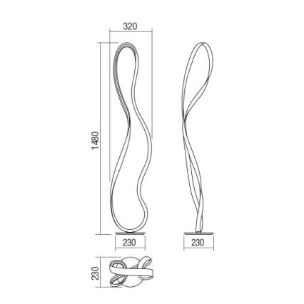 Dve stojace lampy s rozmermi 1480x230 a 1480x230 mm a so základňou 230x230 mm. Jedna lampa je v tvare vlny, druhá je skrútená. Obe sú znázornené s detailom základne.