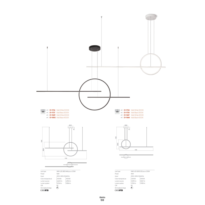 Redo 01-1734 - LED Stmievateľný luster na lanku GIOTTO LED/46W/230V biela