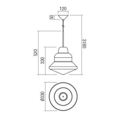 Závesné svietidlo s dvojitým tienidlom v tvare taniera visí zo stropu. Rozmery: výška 3180 mm, priemer tienidla 330 mm, výška tienidla 330 mm. Horná časť tienidla je 520 mm. Priemer stropného krytu je 330 mm.