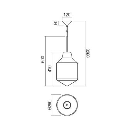 Závesné svietidlo visí zo stropu. Má valcovitý tvar s kužeľovitým dnom. Rozmery sú: celková výška 3260 mm, priemer tienidla 410 mm, výška tienidla 600 mm, priemer stropnej rozety 260 mm.