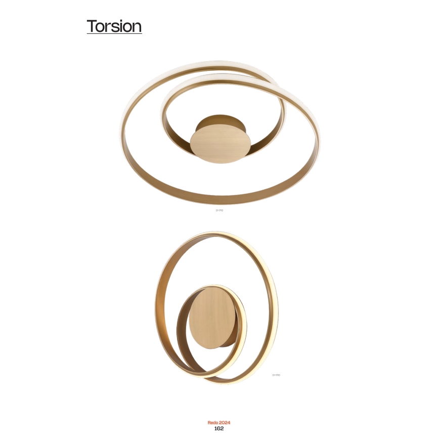 Svietidlo Torsion, s dvoma prekrývajúcimi sa zlatými kruhmi, osvetľuje priestor. Nižšie je zobrazený jeho nástenný variant. Kód: Radio 20204, 162.