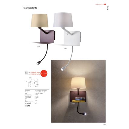 Nástenné svietidlo s LED osvetlením a textilným tienidlom je pripevnené na poličke. Svietidlo má flexibilné rameno s otočnou hlavou. Na obrázku sú zobrazené dve farebné varianty: biela a hnedá. K dispozícii je technická špecifikácia s údajmi o výkone, farbe svetla a inými parametrami.