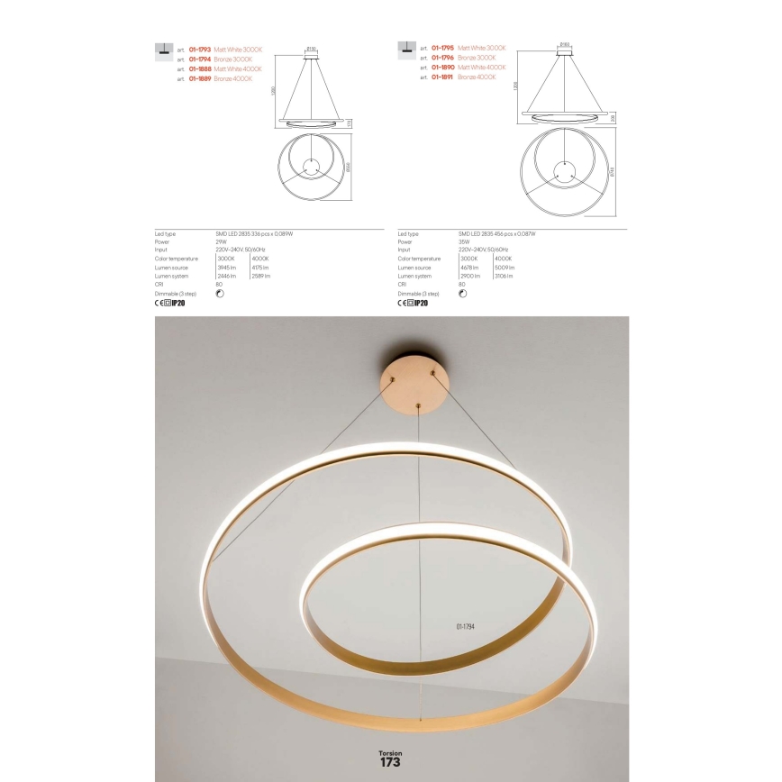 Redo 01-1891 - LED stlmiteľný luster na lane TORSION LED/35W/230V 4000K pr. 75 cm bronzový