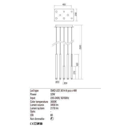 Redo 01-2047 - LED Luster na lanku MADISON 8xLED/4W/230V meď