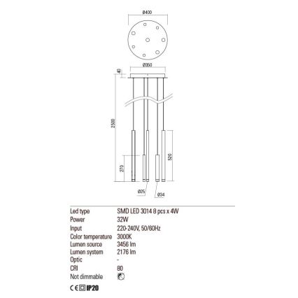 Redo 01-2050 - LED Luster na lanku MADISON 8xLED/4W/230V zlatá