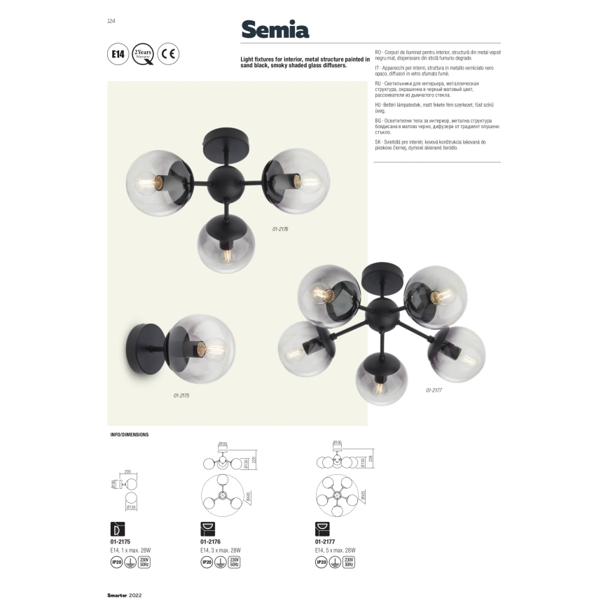 Redo 01-2176 - Luster na tyči SEMIA 3xE14/28W/230V čierna/dymová