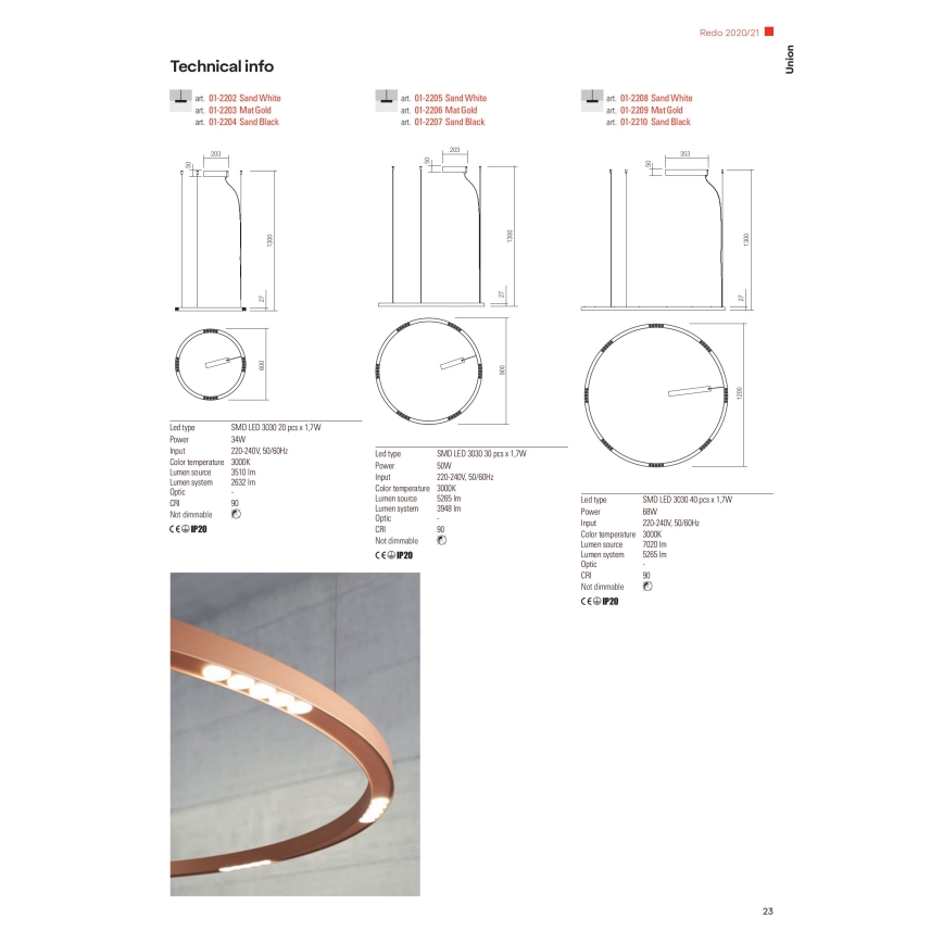 Redo 01-2204 - LED Luster na lanku UNION LED/34W/230V CRI 90 3000K pr. 60 cm čierna