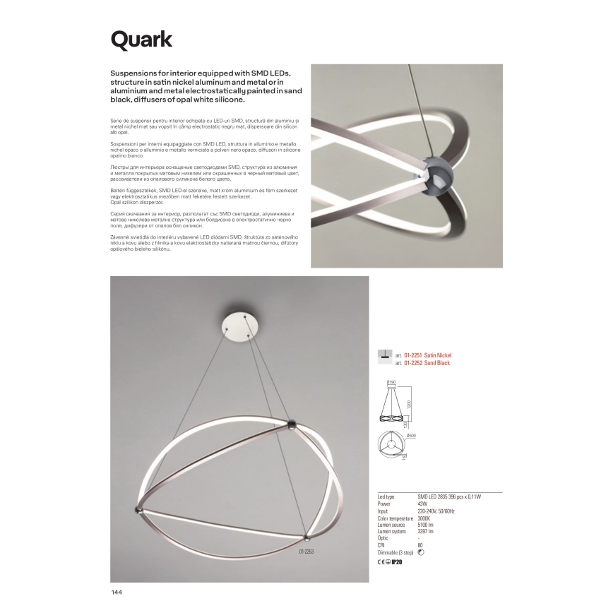 Redo 01-2251 - LED Stmievateľný luster na lanku QUARK LED/43W/230V 3000K pr. 60 cm matný chróm