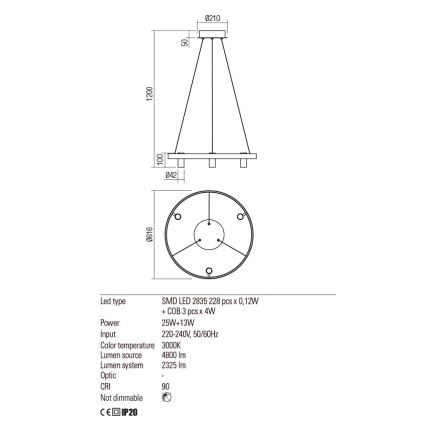 Redo 01-2490 - LED Luster na lanku SUMMIT LED/38W/230V CRI 90 pr. 61,6 cm zlatá