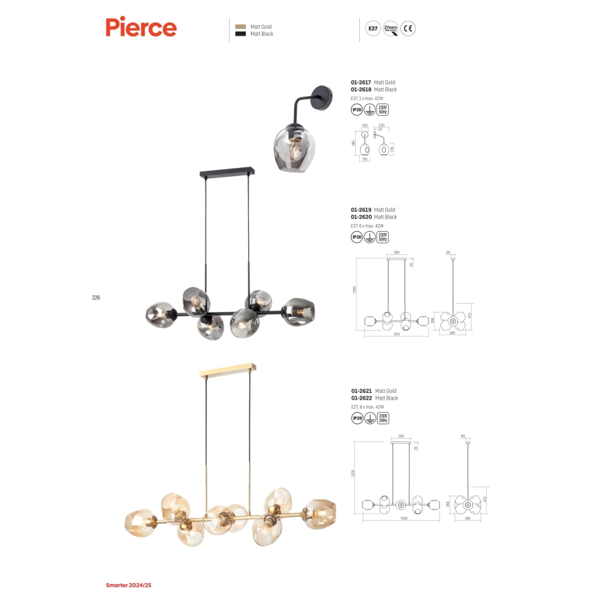 Redo 01-2618 - Nástenná lampa PIERCE 1xE27/42W/230V čierna/dymová