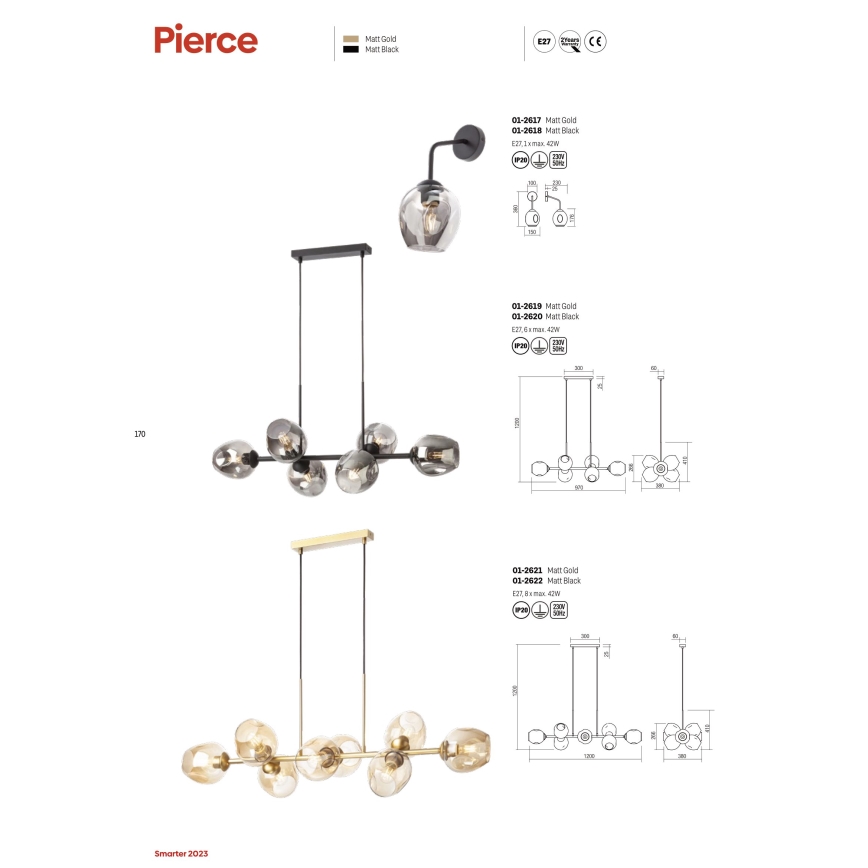 Redo 01-2622 - Luster na lanku PIERCE 8xE27/42W/230V čierna/dymová