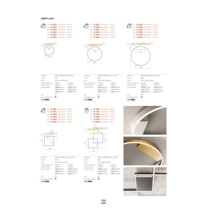 Katalog LED svietidiel: rôzne typy kruhových a štvorcových svietidiel s údajmi o výkone, farbe svetla a rozmeroch. Uvedené sú varianty farieb a teplôt farieb.