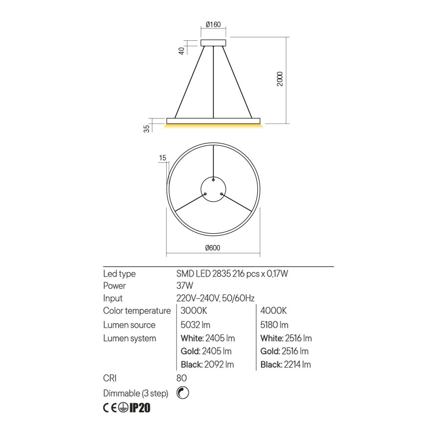 Technický výkres kruhového závesného LED svietidla s priemerom 600 mm a výškou 2000 mm. Svietidlo má SMD LED 2835, 216 kusov po 0,17W, s výkonom 37W, napätím 220-240V, 50/60Hz. Farba svetla 3000K alebo 4000K.