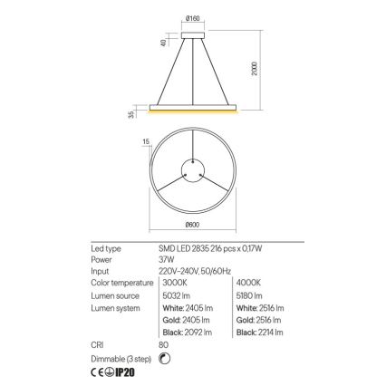 Redo 01-2867 - LED Stmievateľný luster na lanku FEBE LED/37W/230V čierna