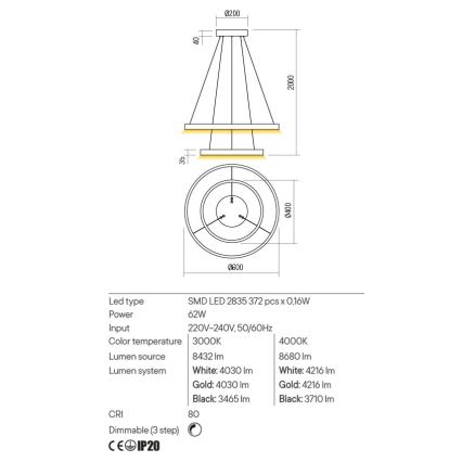 Redo 01-2889 - LED Stmievateľný luster na lanku FEBE LED/62W/230V zlatá