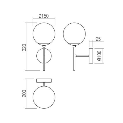 Technický výkres zobrazuje tri typy svietidiel s guľovými tienidlami. Dve nástenné svietidlá s rozmermi 320 x 150 mm a jedno stropné svietidlo s výškou 200 mm. Priemer guľových tienidiel je 150 mm a priemer základne nástenného svietidla 100 mm.