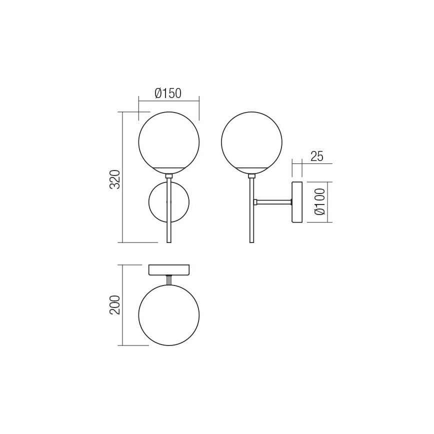 Technický výkres zobrazuje tri typy svietidiel s guľovými tienidlami. Dve nástenné svietidlá s rozmermi 320 x 150 mm a jedno stropné svietidlo s výškou 200 mm. Priemer guľových tienidiel je 150 mm a priemer základne nástenného svietidla 100 mm.