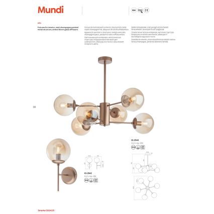 Lustr s viacerými sklenenými guľami jantárovej farby je zavesený. Konštrukcia je matne šampanského zafarbenia. K dispozícii je aj nástenné svietidlo v rovnakom štýle. Kód produktu stropného svietidla: 01-2943. Kód produktu nástenného svietidla: 01-2942.