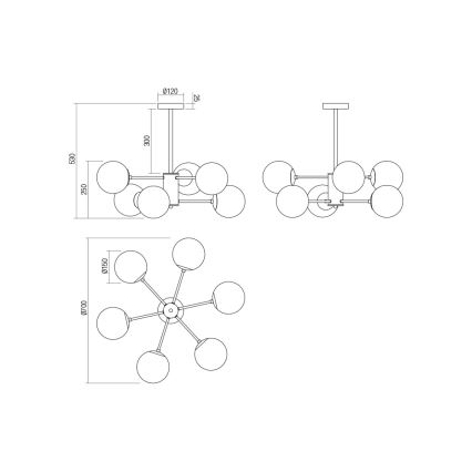 Technický výkres stropného svietidla s ôsmimi guľovými tienidlami. Svietidlo je zobrazené z troch uhlov s rozmermi: Ø120, 300, 250, 530, Ø150, 670.