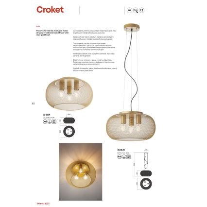 Redo 01-3139 - Stropné svietidlo CROKET 3xE27/42W/230V pr. 40 cm zlatá