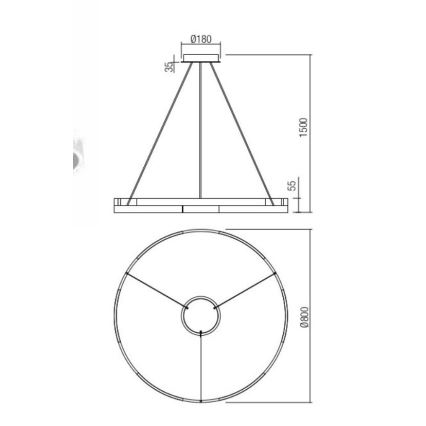 Technický výkres kruhového stropného svietidla. Svietidlo visí na troch kábloch z obdĺžnikovej stropnej úchytky. Rozmery: priemer 800 mm, výška 1500 mm, výška úchytky 35 mm.