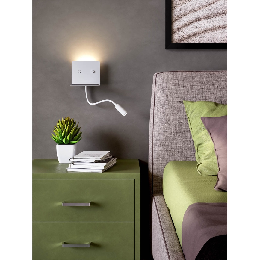 Redo 01-3210 - LED Nástenné svietidlo s flexibilnou lampičkou MOKA LED/6W + LED/3W/230V USB CRI90 biela