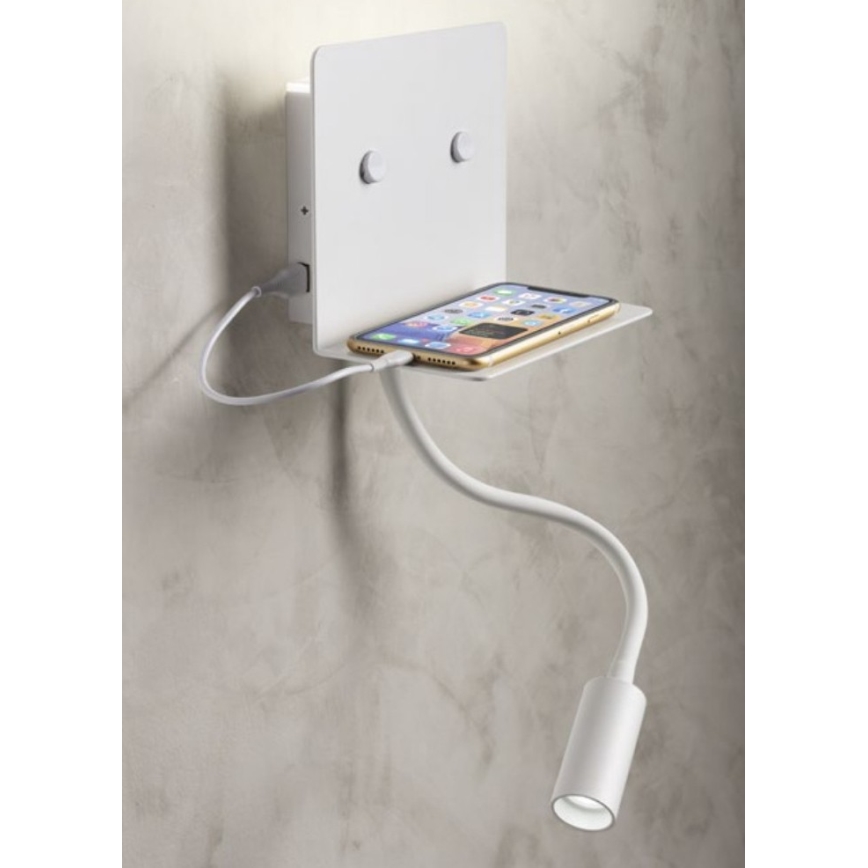 Redo 01-3210 - LED Nástenné svietidlo s flexibilnou lampičkou MOKA LED/6W + LED/3W/230V USB CRI90 biela