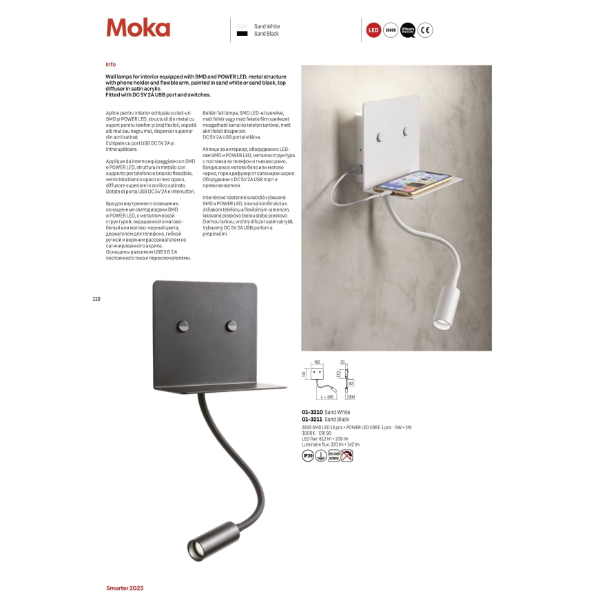 Redo 01-3211 - LED Nástenné svietidlo s flexibilnou lampičkou MOKA LED/6W + LED/3W/230V USB CRI90 čierna