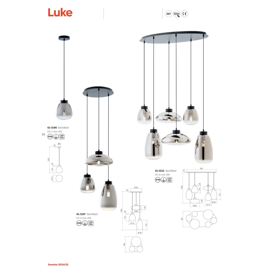Redo 01-3212 - Luster na lanku LUKE 6xE27/42W/230V čierna