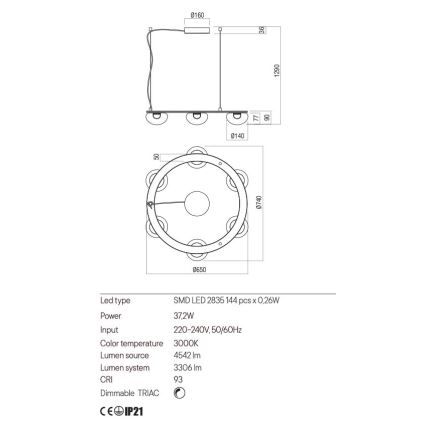 Redo 01-3247- LED Stmievateľný luster na lanku SINCLAIR LED/37,2W/230V CRI 93 IP21 zlatá