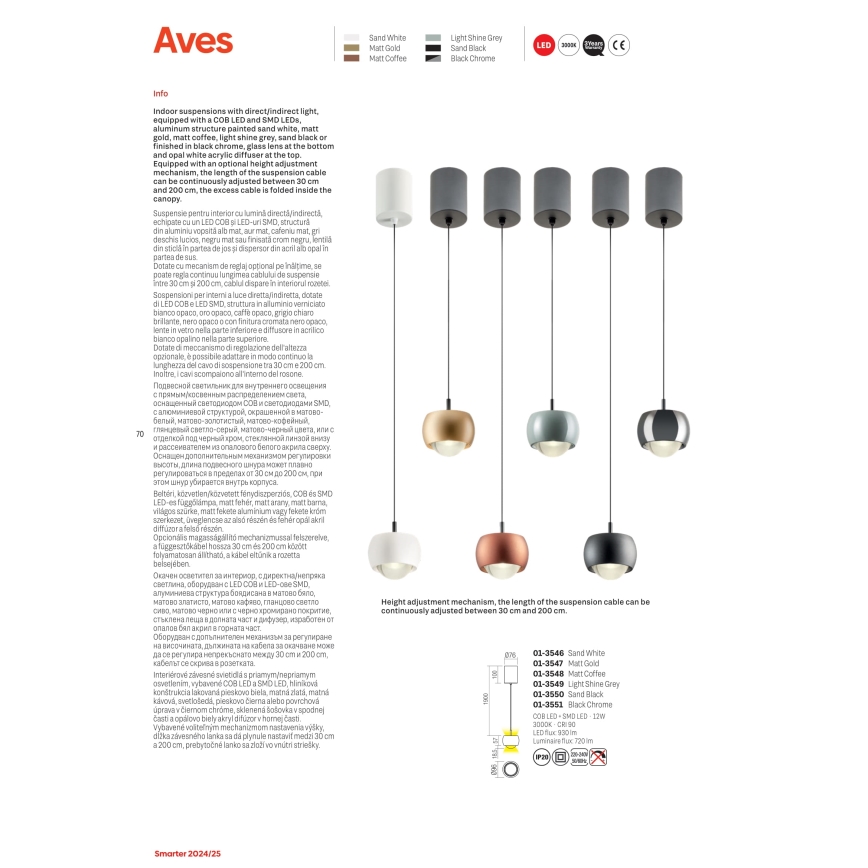 Redo 01-3547 - LED Luster na lanku AVES LED/12W/230V pr. 9,6 cm CRI 90 zlatá