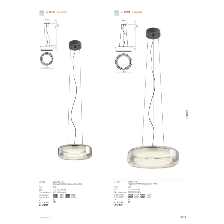 Redo 01-3592 - LED Luster na lanku SOLERA LED/36W/230V pr. 45 cm CRI 93 3000/4000K šedá