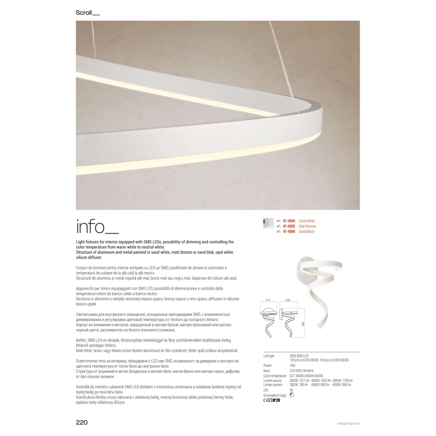 Redo 01-4282 - LED stmievateľná stojacia lampa SCROLL LED/30W/230V 3000K/4000K/6000K CRI 90 zlatá