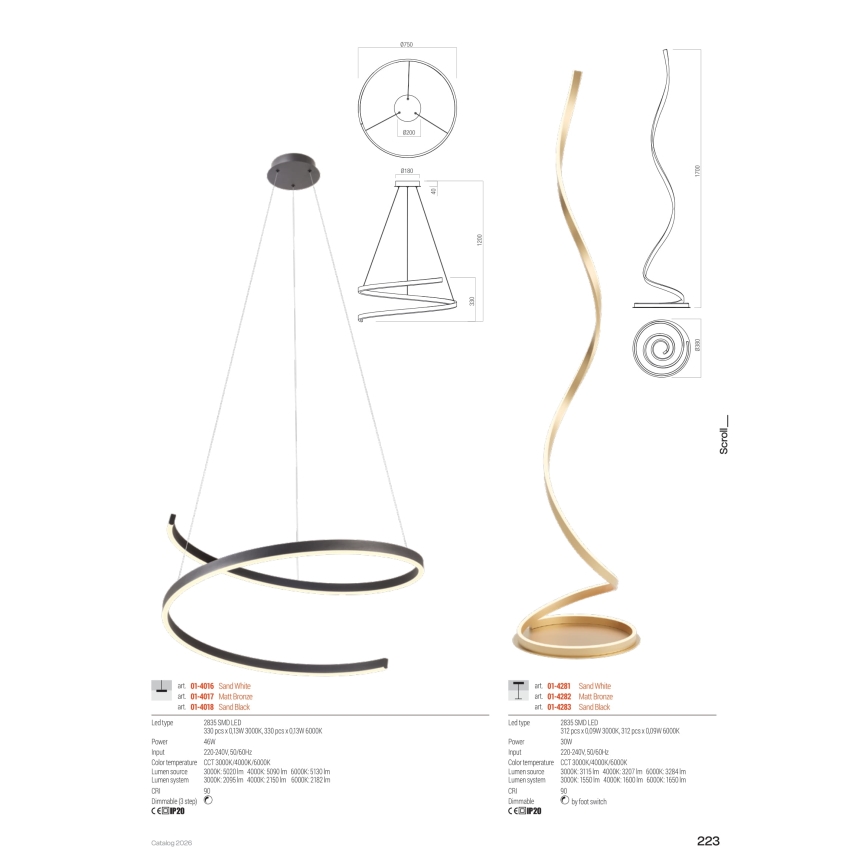 Redo 01-4282 - LED stmievateľná stojacia lampa SCROLL LED/30W/230V 3000K/4000K/6000K CRI 90 zlatá