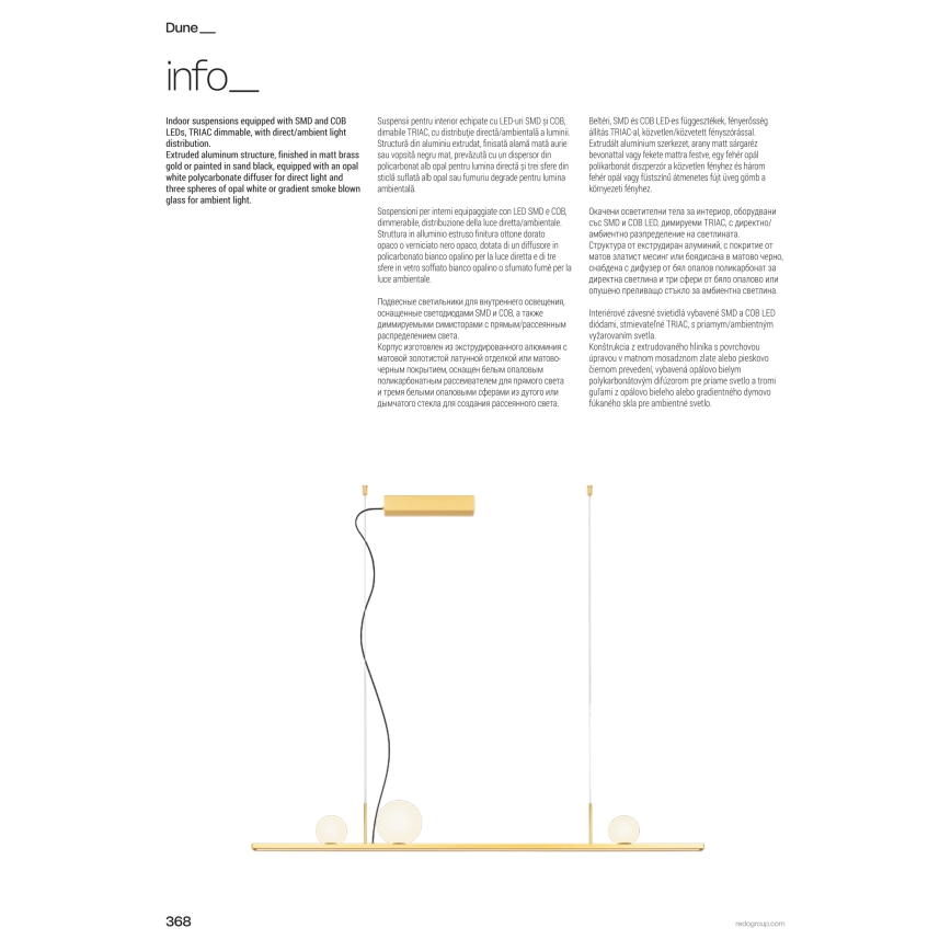 Redo 01-4301 - LED stmievateľný luster na lanku DUNE LED/48W/230V 3000K CRI 90 biela/zlatá