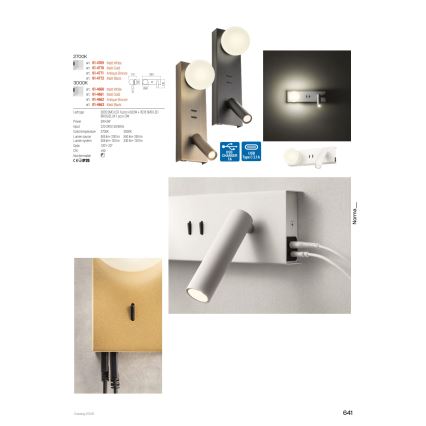 Redo 01-4662 - LED nástenné svietidlo NORMA LED/5W/230V + LED/3W CRI 90 USB biela/bronzová