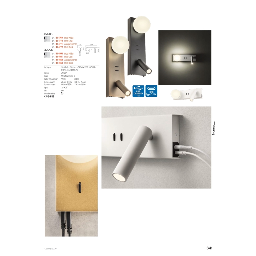 Redo 01-4662 - LED nástenné svietidlo NORMA LED/5W/230V + LED/3W CRI 90 USB biela/bronzová