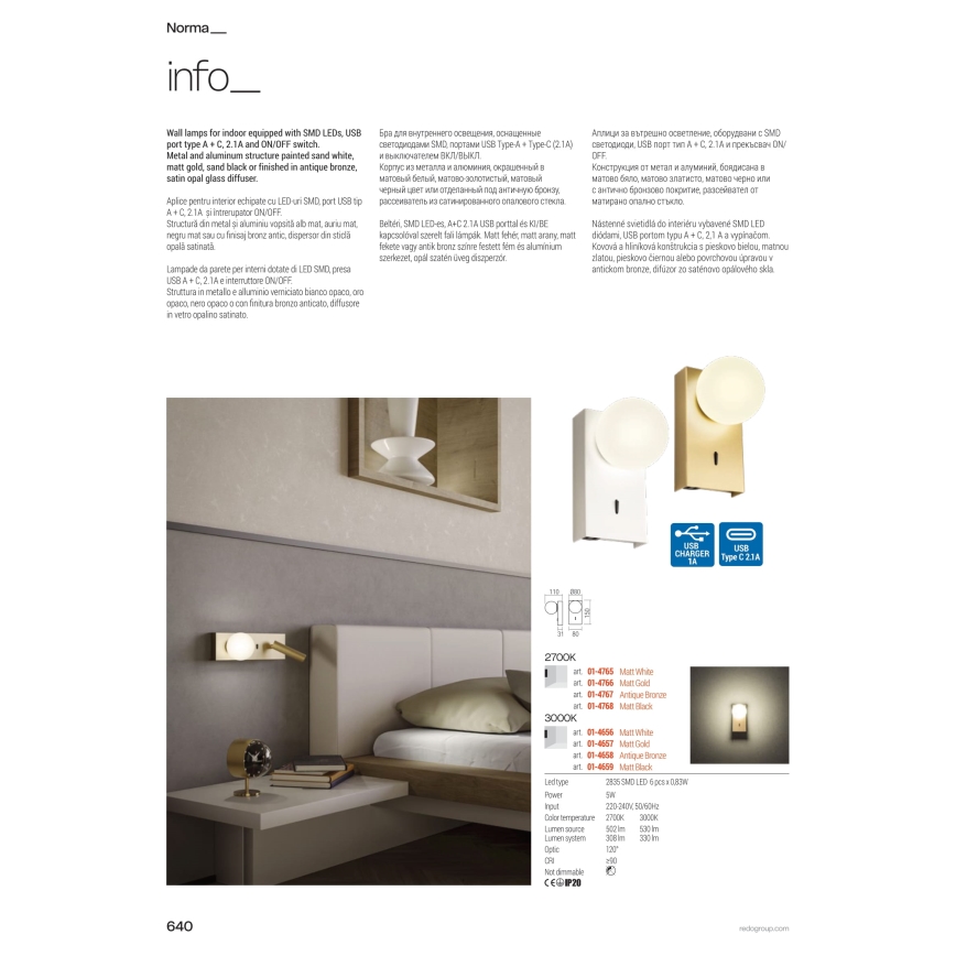 Redo 01-4663 - LED nástenné svietidlo NORMA LED/5W/230V + LED/3W CRI 90 USB biela/čierna