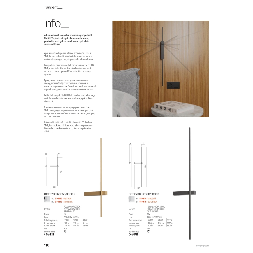 Redo 01-4674 - LED Nástenné svietidlo TANGENT LED/9W/230V 2700/2850/3000K 73 cm CRI 90 zlaté