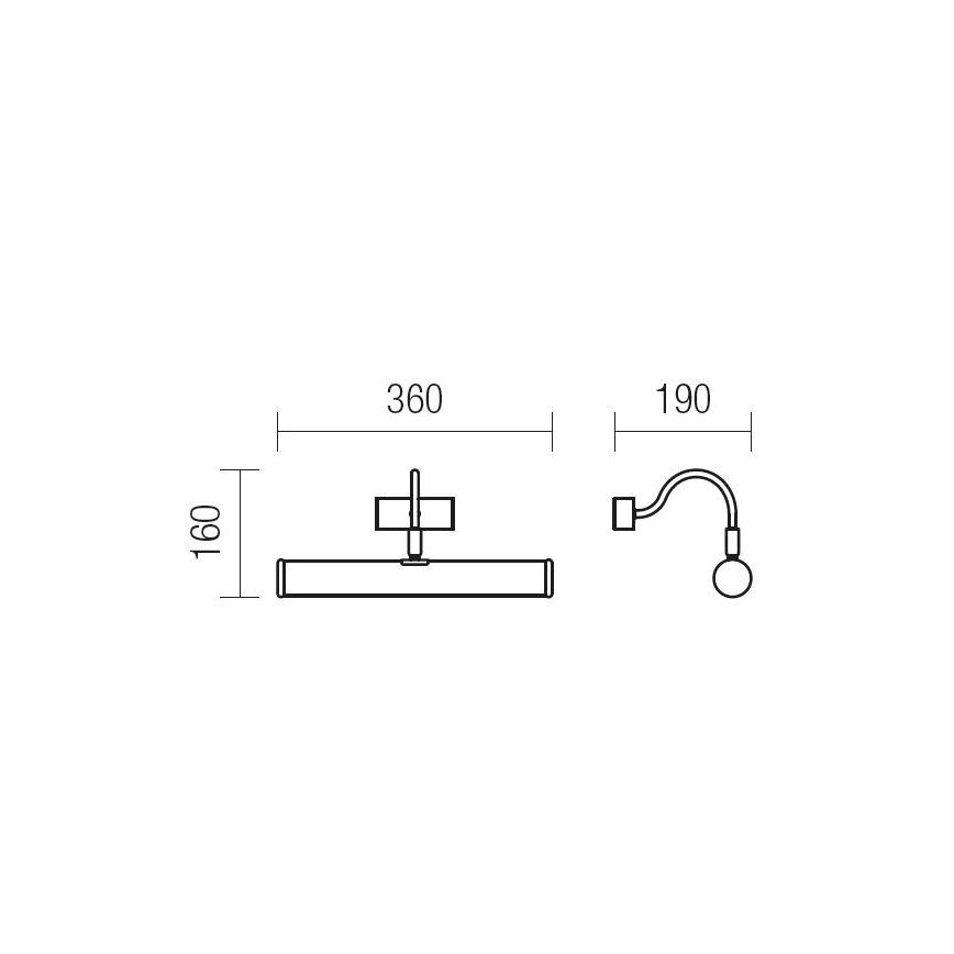 Dve svietidlá s rozmermi 360x160 mm a 190 mm. Väčšie svietidlo je štíhle, valcovité, s pripojením v strede. Menšie svietidlo má zakrivený ramenný držiak s guľovou žiarovkou.