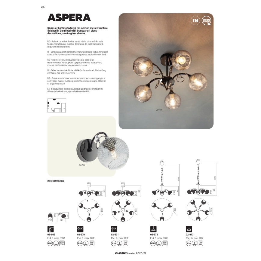 Redo 02-973 - Luster na reťazi ASPERA 5xE14/28W/230V čierna