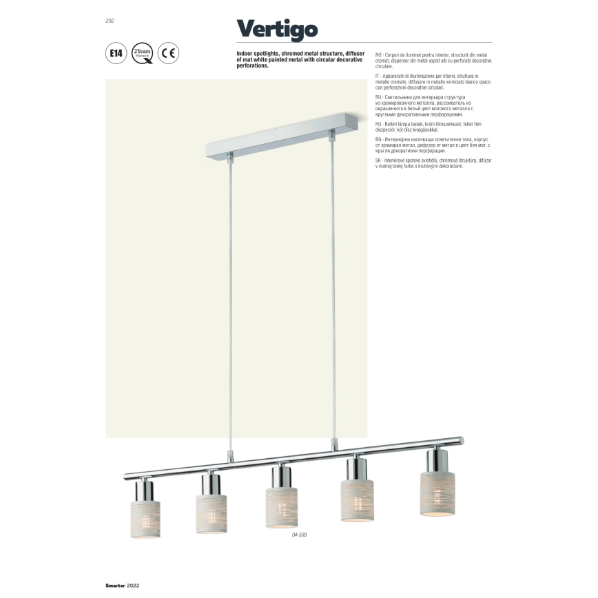 Redo 04-509 - Luster na lanku VERTIGO 5xE14/28W/230V lesklý chróm/biela
