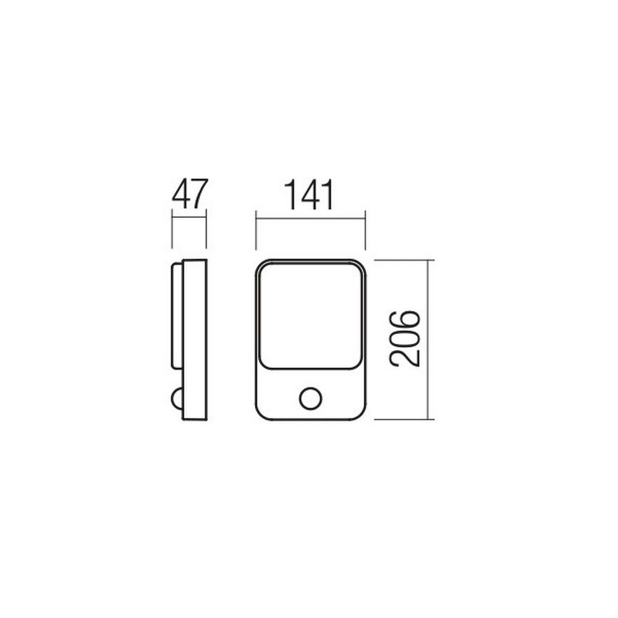 Nástenne svietidlo s pohybovým senzorom je zobrazené v čelnom a bočnom pohľade s rozmermi 47 x 141 x 206 mm.