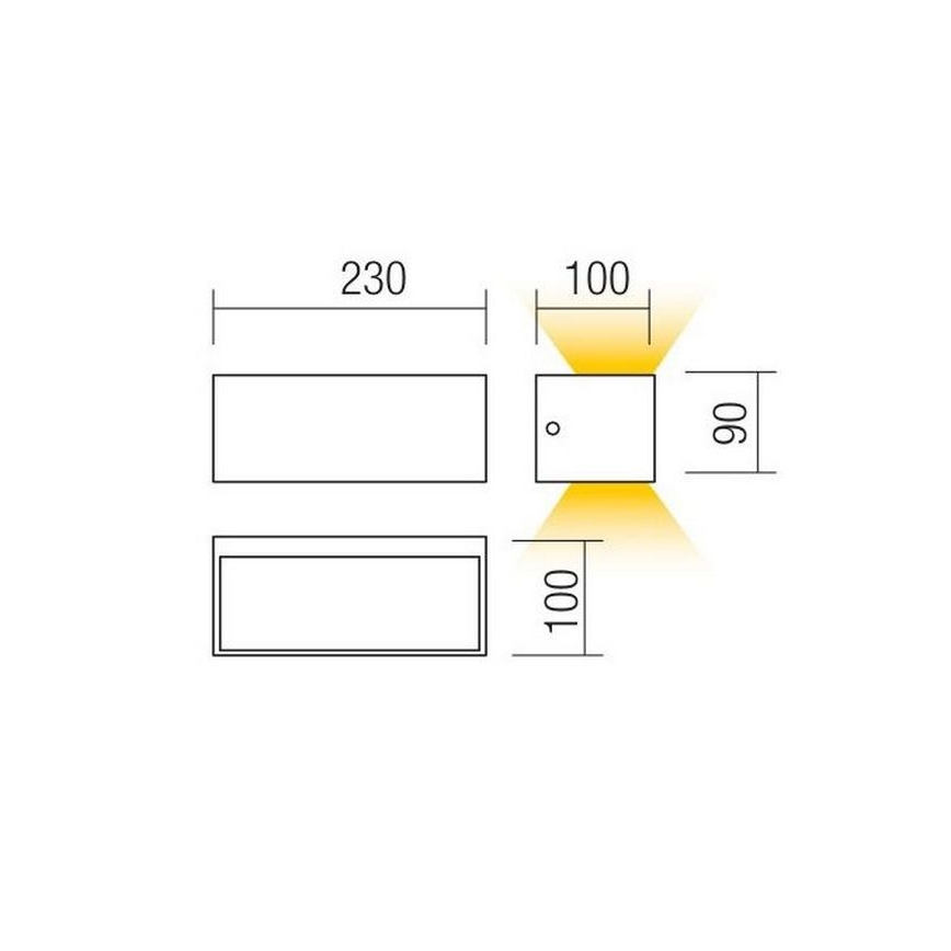 Nástenne svietidlo s rozmermi 230x90x100 mm svieti. Je znázornené v schéme s rozmermi a smerom svetla.
