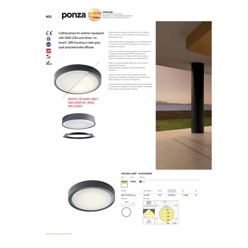 Redo 90155 - LED Vonkajšie stropné svietidlo PONZA LED/16W/230V pr. 26 cm IP65